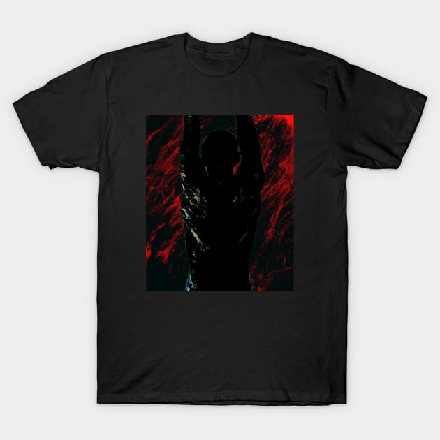 Portrait, digital collage and special processing. Men's back. Mystic. Energy waves. Red and black. T-Shirt by 234TeeUser234